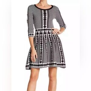 Graphic Geometric Nina Leonard Sweater Dress Black White Fit and Flare Small